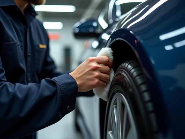 Membre de l'équipe L'Éclat Auto nettoyant une voiture